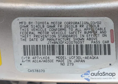 2002 Lexus Ls 430 from USA, damaged, VIN JTHBN30FX20076097